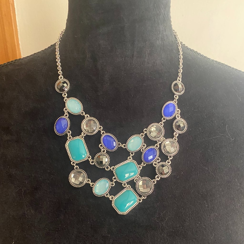 Silver-Toned Necklace With Blue, Teal, And Gray Stones